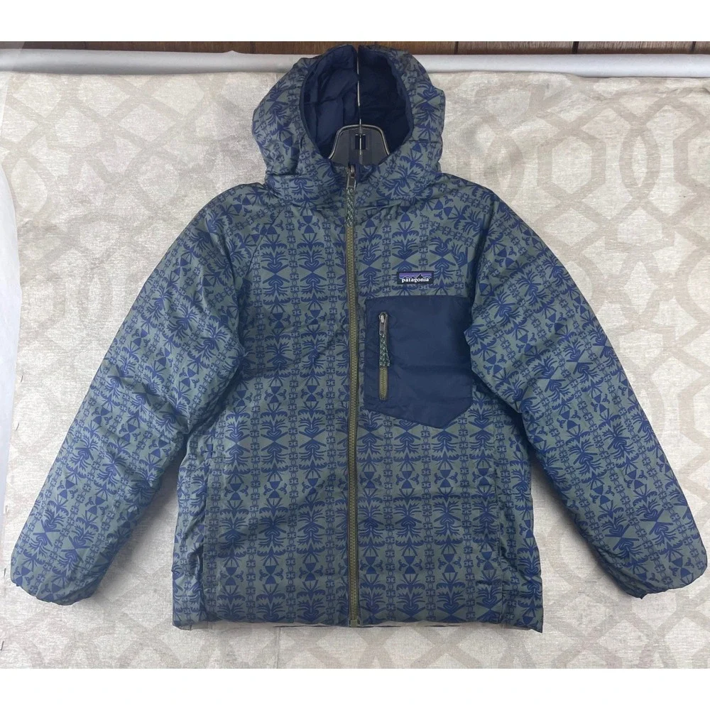 Patagonia Kids Reversible Down Sweater Hoody Navy‎ Tan Blue Pattern Size M 10